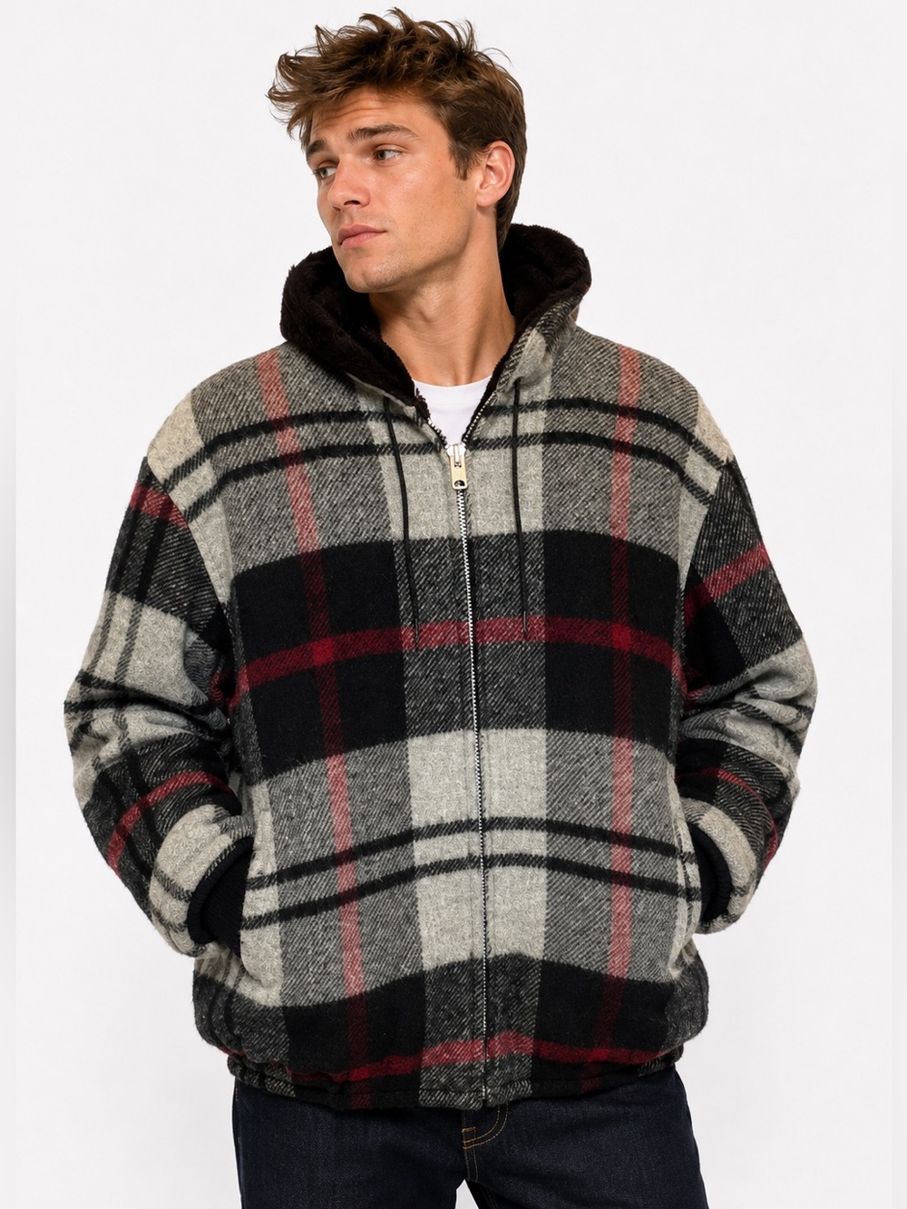 VTG 50s 60s Woolrich Plaid Faux Fur Lined Hooded Jacket Coat‎ L